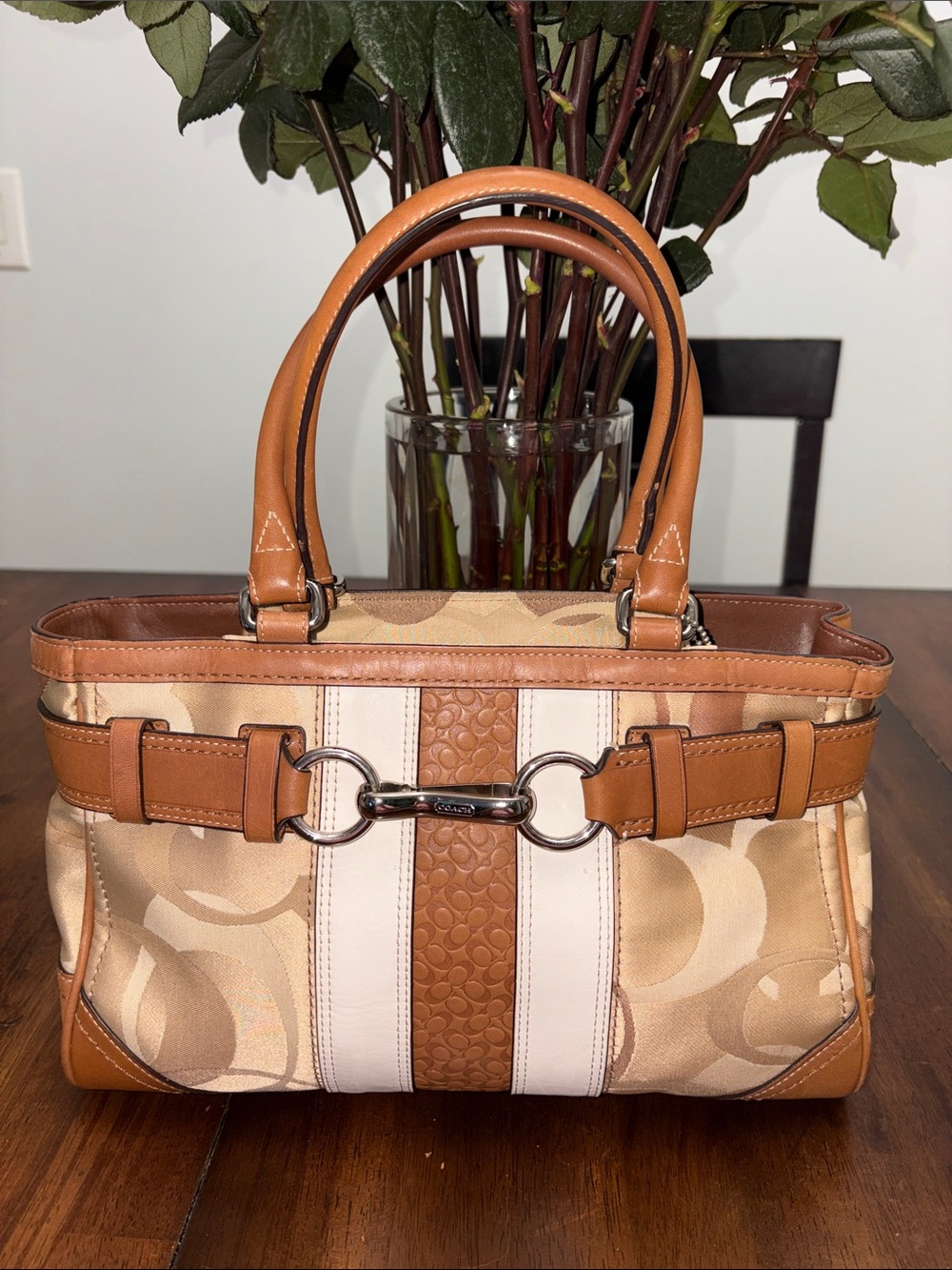 Coach HamptonY2K Brown & Cream Signature Stripe Satchel. Euc